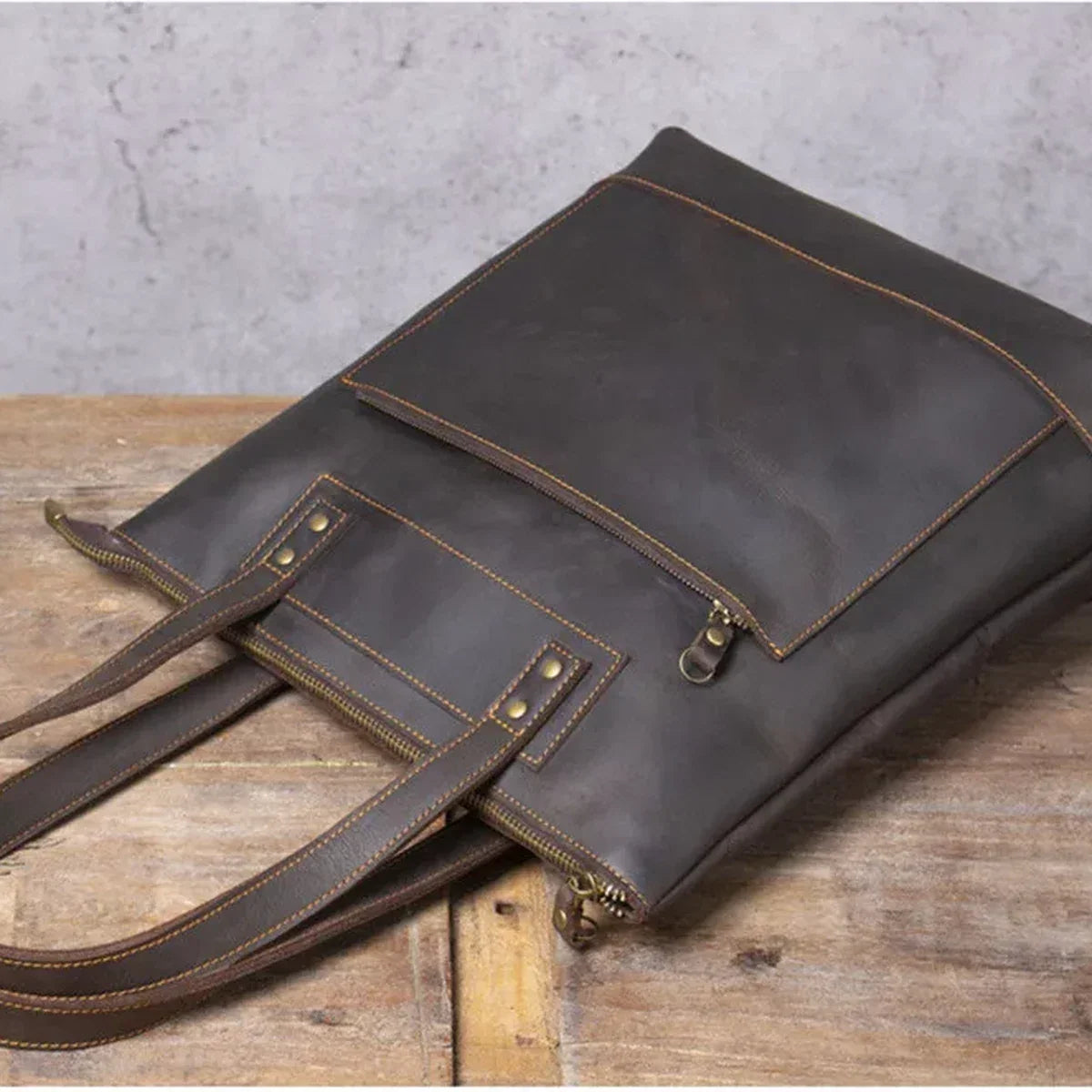 Men’s Leather Work Tote Bag with Front Zip Pocket - Dark Coffee