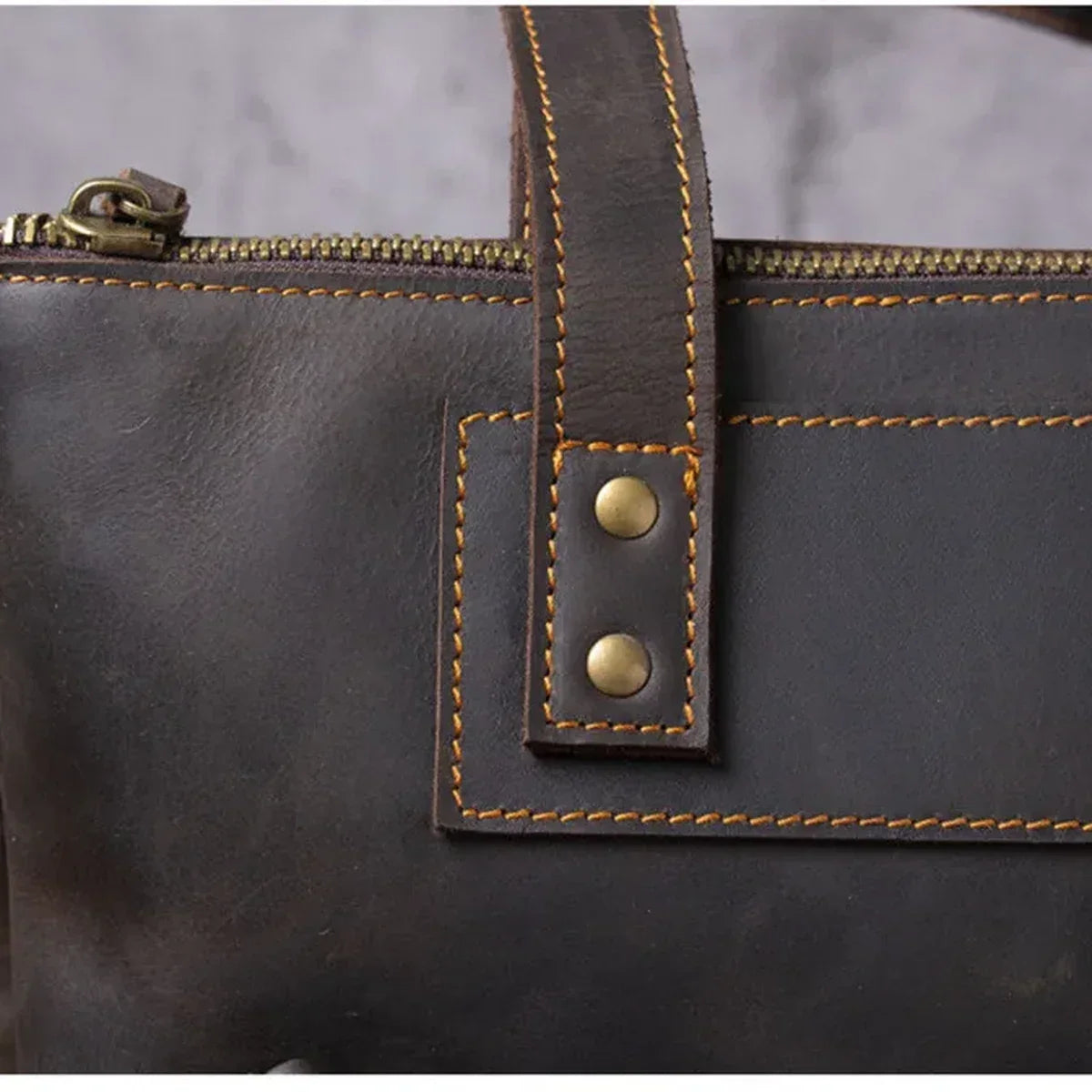 Men’s Leather Work Tote Bag with Front Zip Pocket - Dark Coffee
