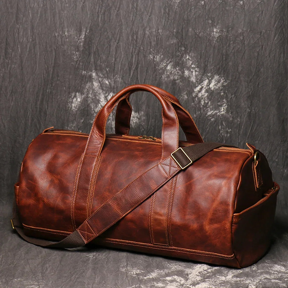 Genuine Leather Weekender Duffle Bag - Reddish Brown