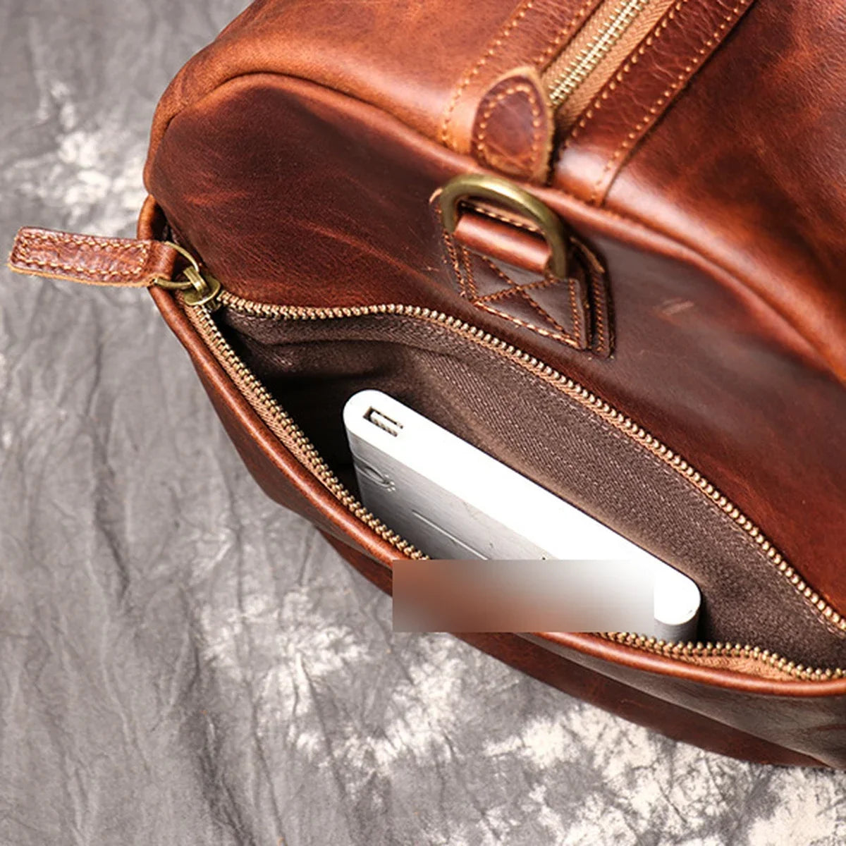 Genuine Leather Weekender Duffle Bag - Reddish Brown