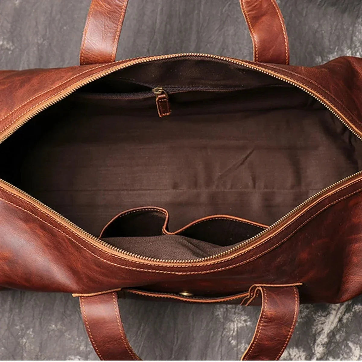 Genuine Leather Weekender Duffle Bag - Reddish Brown