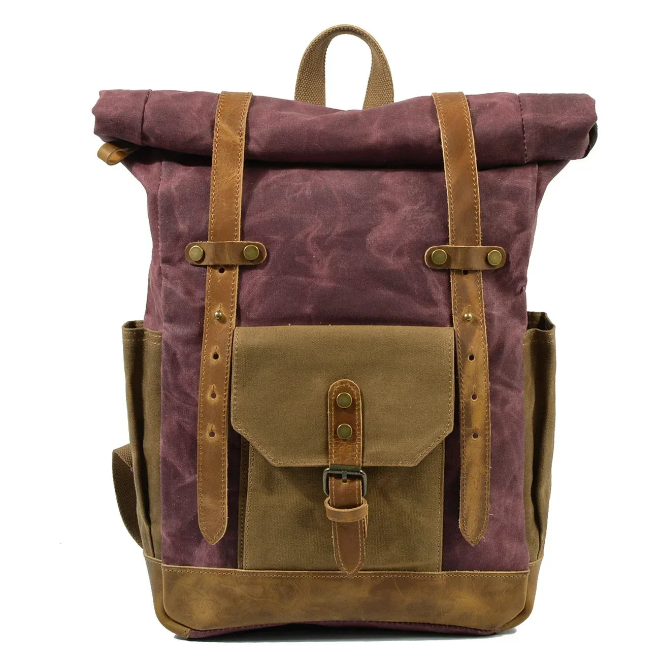 Men’s Waxed Canvas Backpack - Buckle Flap Leather Trim - Burgundy