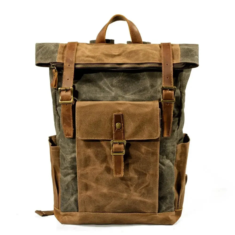 Men’s Waxed Canvas Backpack - Laptop Compartment Rucksack - Olive