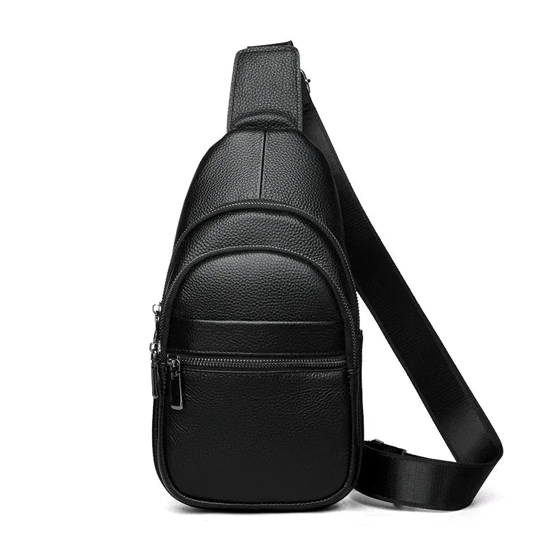 Men’s Black Grained Leather Sling Bag – Minimalist Secure Design
