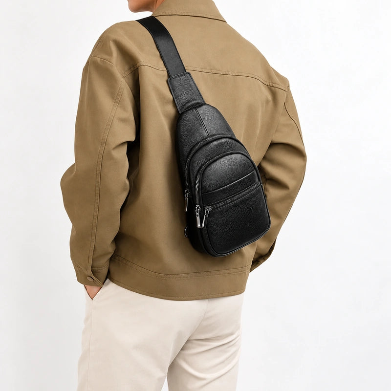 Men’s Black Grained Leather Sling Bag – Minimalist Secure Design