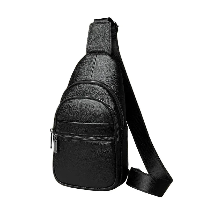 Men’s Black Grained Leather Sling Bag – Minimalist Secure Design