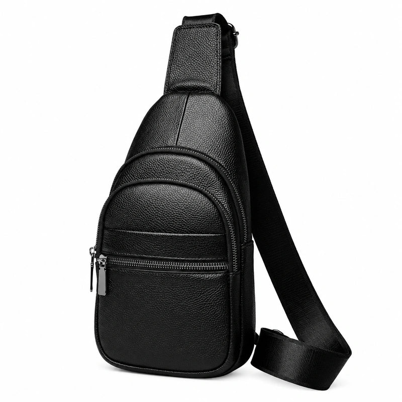 Men’s Black Grained Leather Sling Bag – Minimalist Secure Design