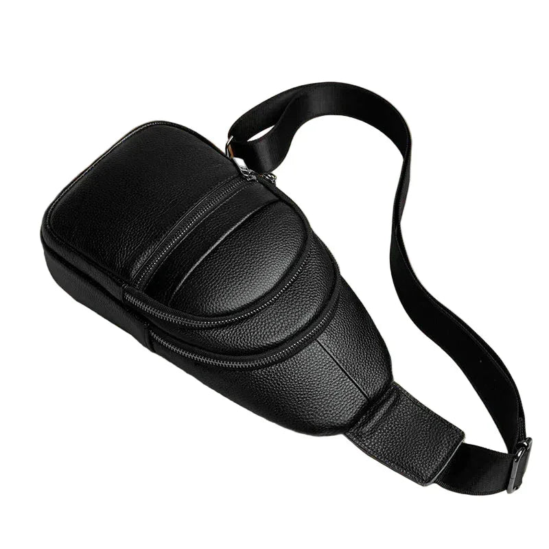 Men’s Black Grained Leather Sling Bag – Minimalist Secure Design