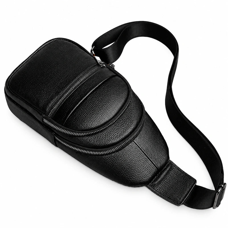Men’s Black Grained Leather Sling Bag – Minimalist Secure Design