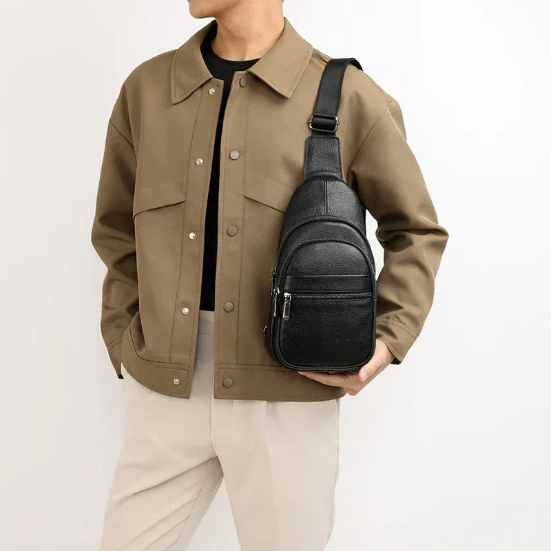 Men’s Black Grained Leather Sling Bag – Minimalist Secure Design