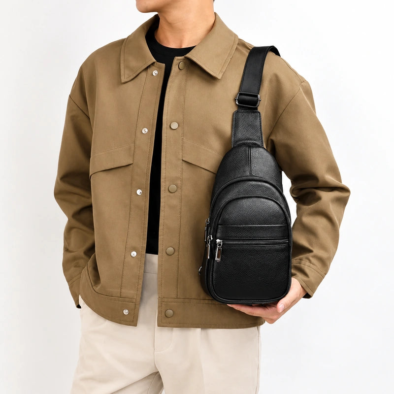 Men’s Black Grained Leather Sling Bag – Minimalist Secure Design