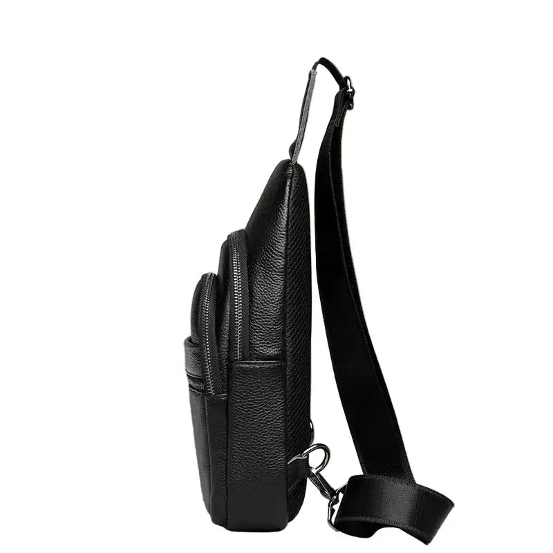 Men’s Black Grained Leather Sling Bag – Minimalist Secure Design