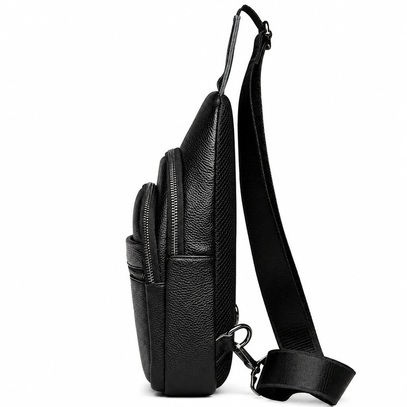 Men’s Black Grained Leather Sling Bag – Minimalist Secure Design