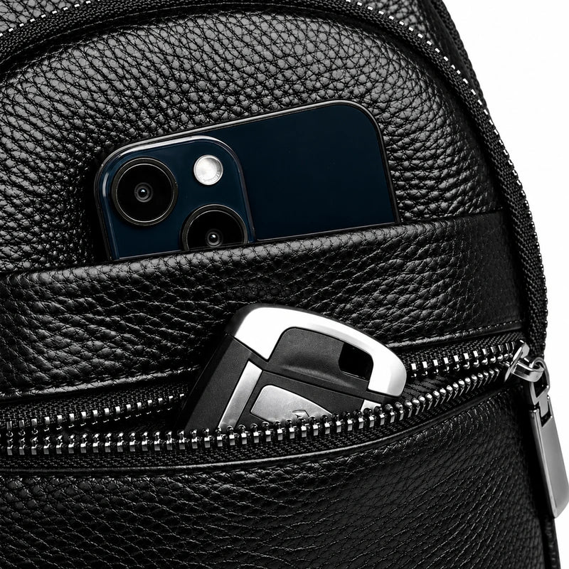 Men’s Black Grained Leather Sling Bag – Minimalist Secure Design