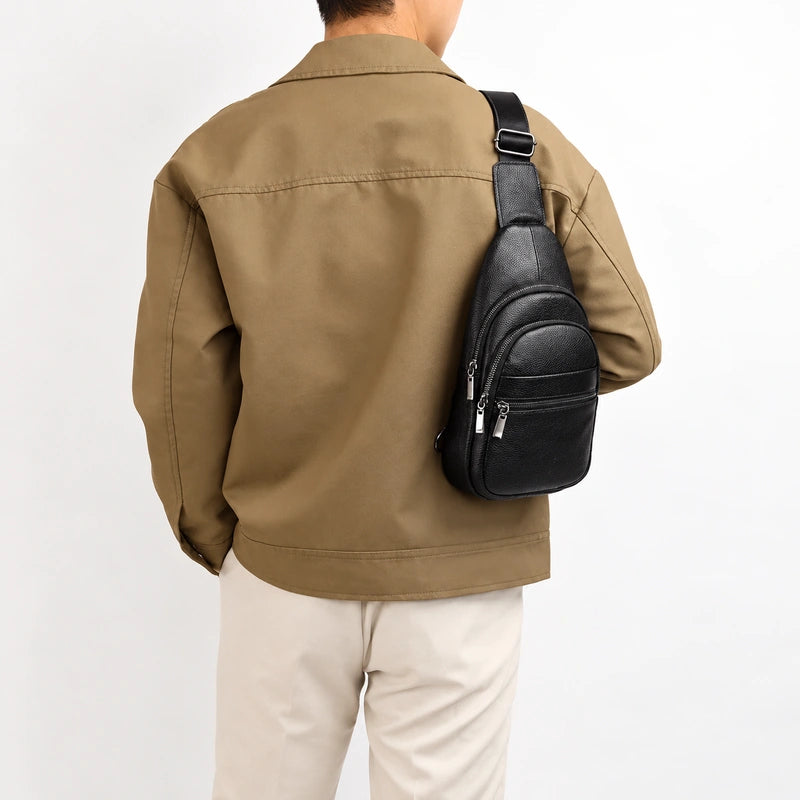 Men’s Black Grained Leather Sling Bag – Minimalist Secure Design