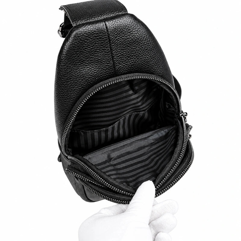 Men’s Black Grained Leather Sling Bag – Minimalist Secure Design