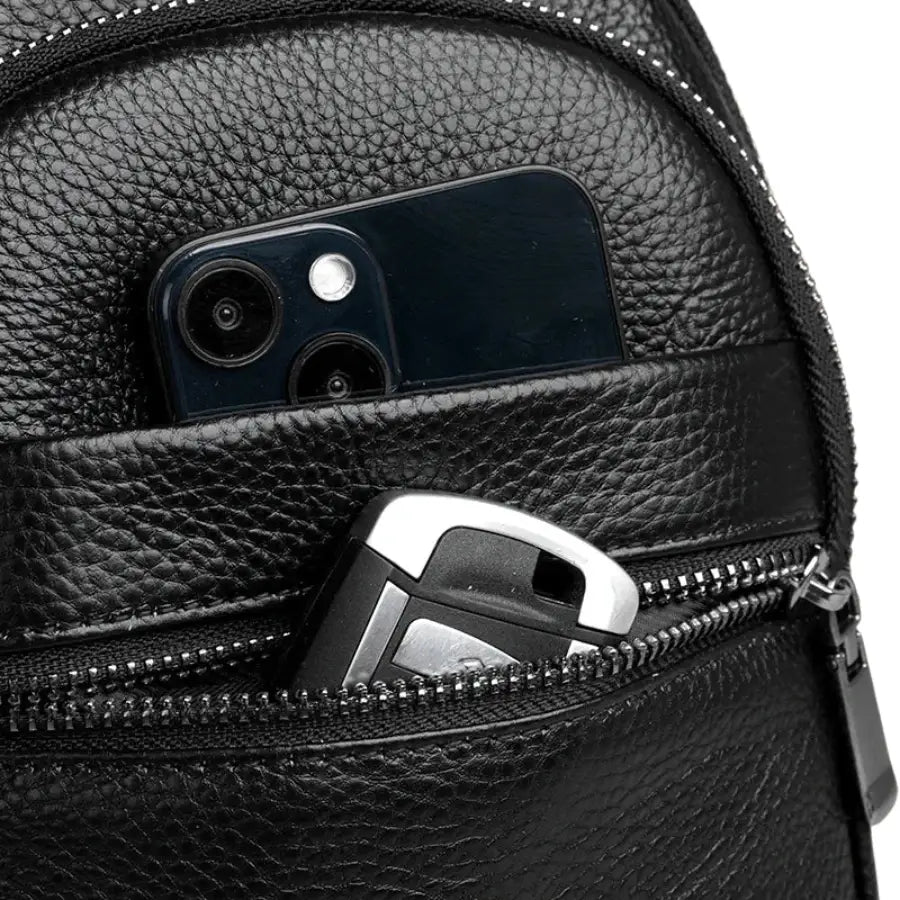 Men’s Black Grained Leather Sling Bag – Minimalist Secure Design