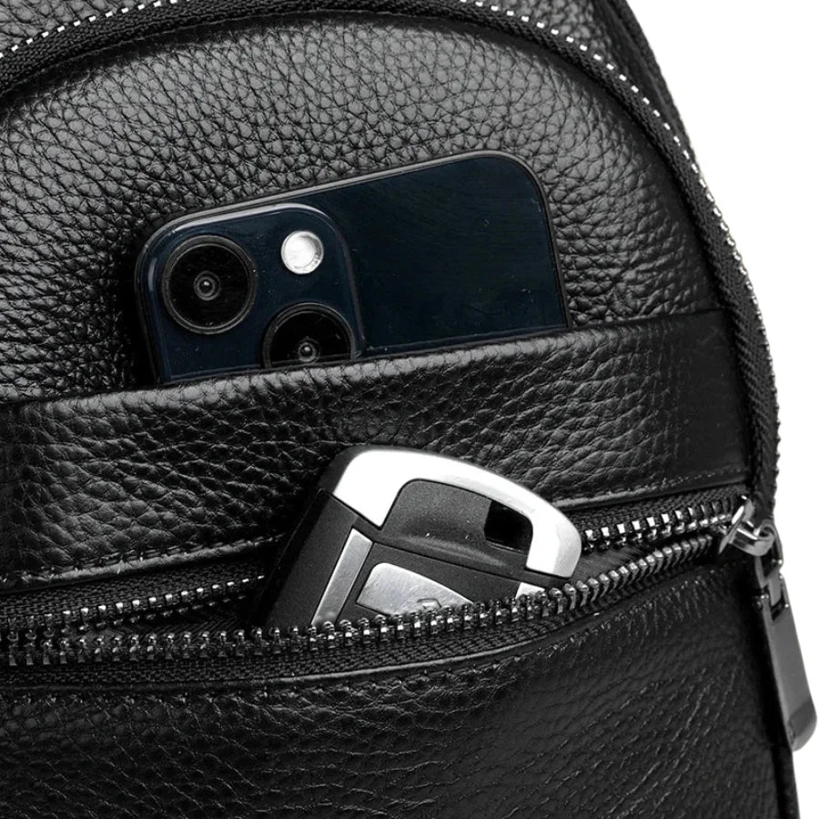 Men’s Black Grained Leather Sling Bag – Minimalist Secure Design