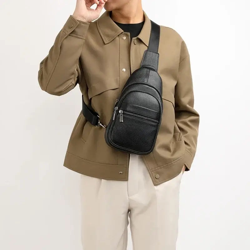 Men’s Black Grained Leather Sling Bag – Minimalist Secure Design