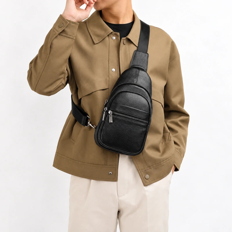 Men’s Black Grained Leather Sling Bag – Minimalist Secure Design