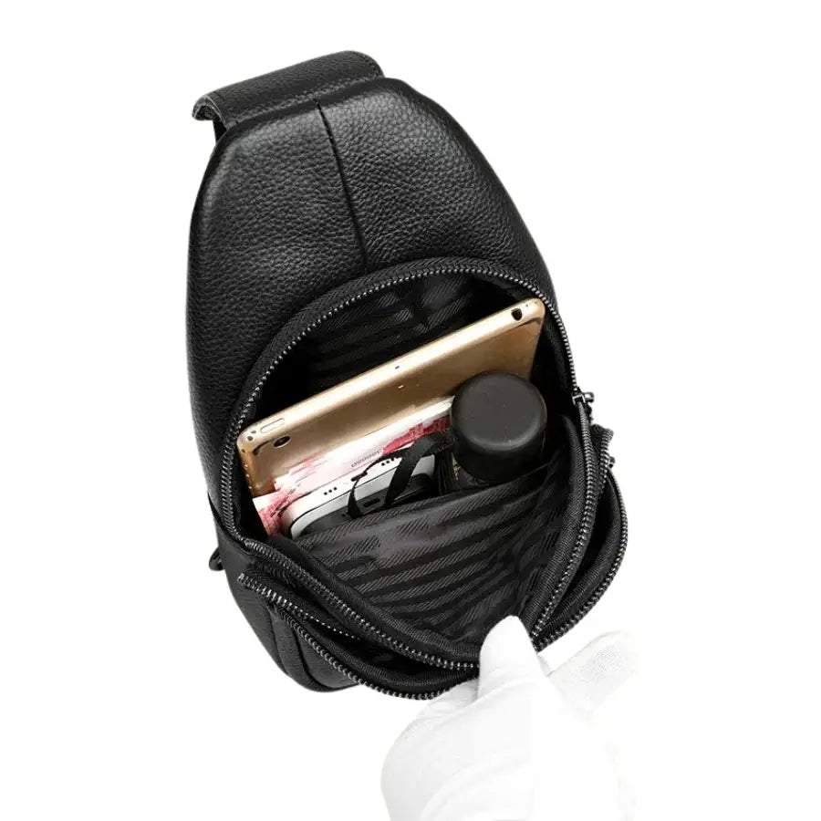 Men’s Black Grained Leather Sling Bag – Minimalist Secure Design