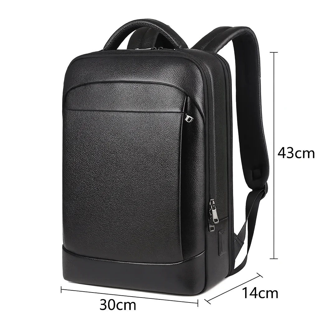 Men’s Black Leather Laptop Backpack – Professional Work Bag 15.6’’