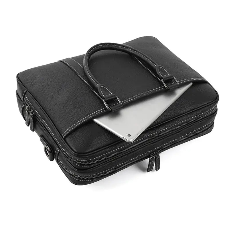Men’s Black Leather Laptop Briefcase – 14 Inch Slim Business Bag