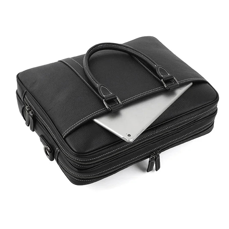Men’s Black Leather Laptop Briefcase – 14 Inch Slim Business Bag