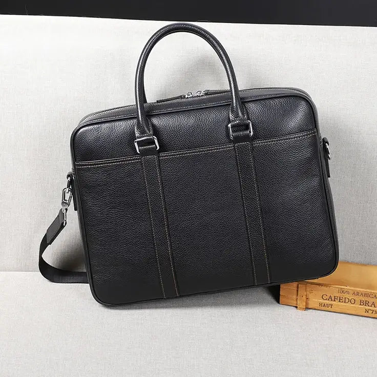 Men’s Black Leather Laptop Briefcase – 14 Inch Slim Business Bag