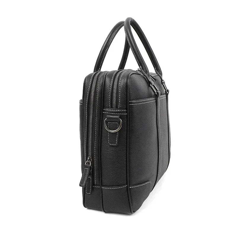 Men’s Black Leather Laptop Briefcase – 14 Inch Slim Business Bag
