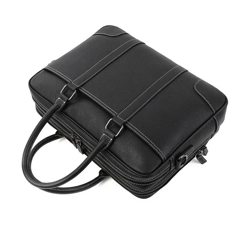 Men’s Black Leather Laptop Briefcase – 14 Inch Slim Business Bag