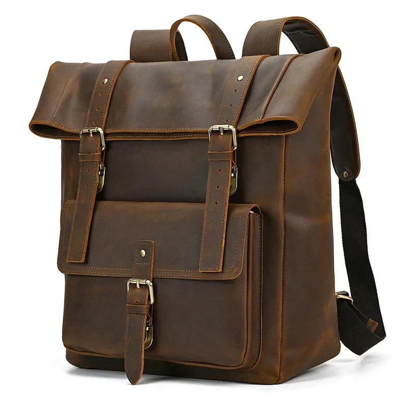 Men’s Brown Full Grain Leather Backpack – Flap Closure