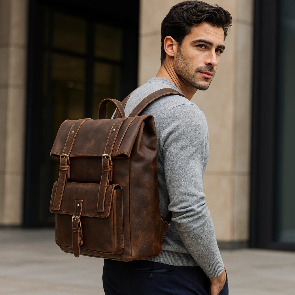 Men’s Brown Full Grain Leather Backpack – Flap Closure