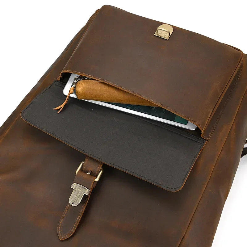Men’s Brown Full Grain Leather Backpack – Flap Closure