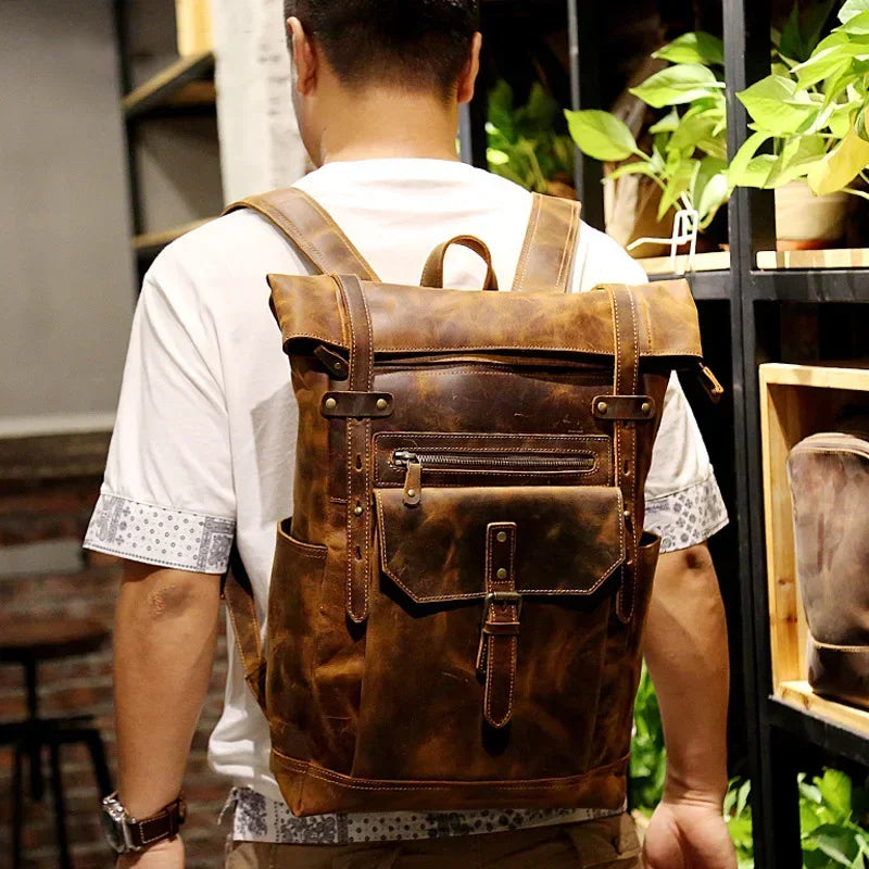 Men’s Brown Leather Backpack – Roll Top Flap Work Pack