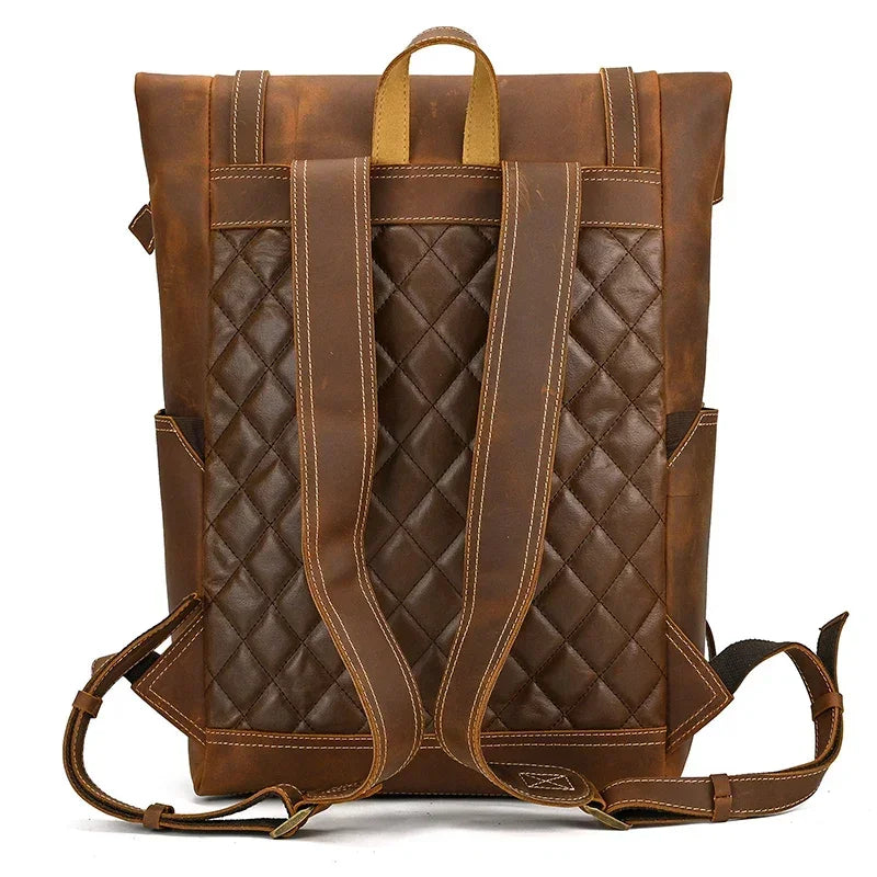 Men’s Brown Leather Backpack – Roll Top Flap Work Pack