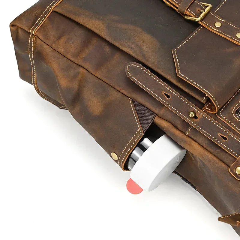 Men’s Brown Leather Backpack – Roll Top Flap Work Pack