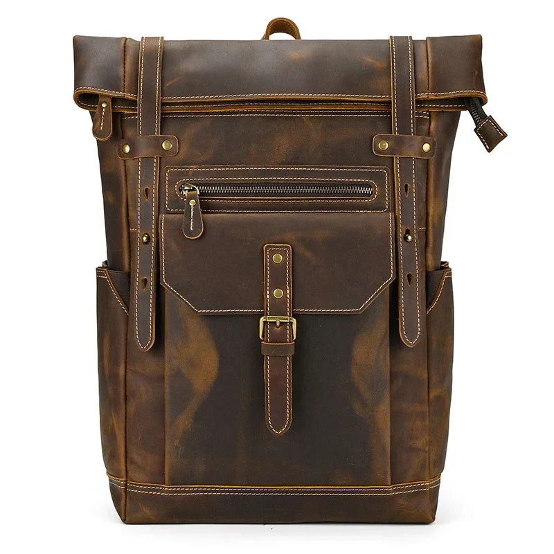 Men’s Brown Leather Backpack – Roll Top Flap Work Pack