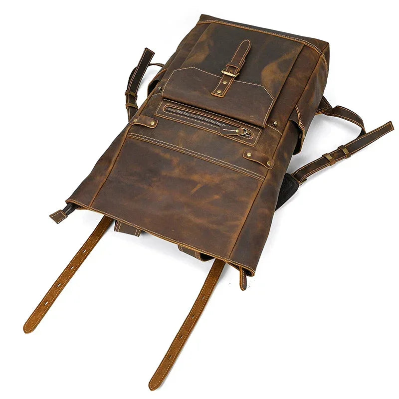 Men’s Brown Leather Backpack – Roll Top Flap Work Pack