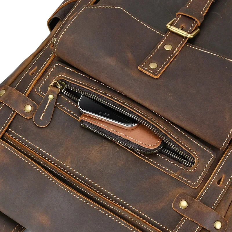 Men’s Brown Leather Backpack – Roll Top Flap Work Pack