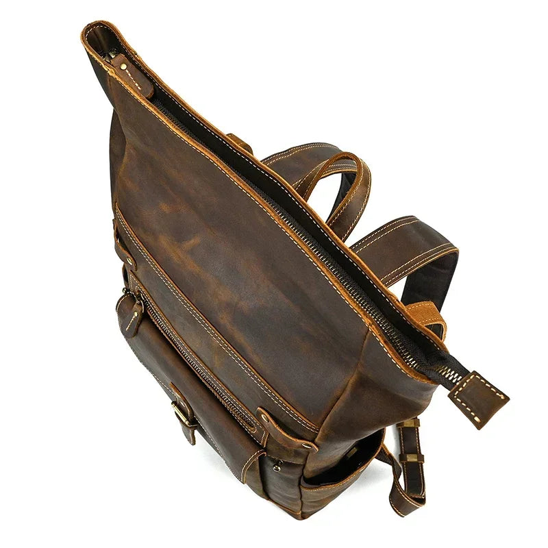 Men’s Brown Leather Backpack – Roll Top Flap Work Pack