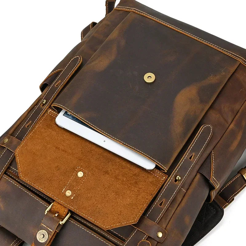 Men’s Brown Leather Backpack – Roll Top Flap Work Pack