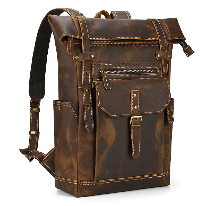 Men’s Brown Leather Backpack – Roll Top Flap Work Pack