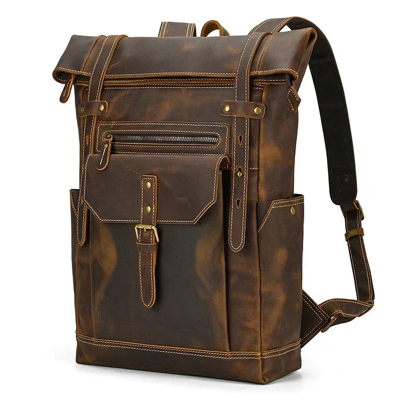 Men’s Brown Leather Backpack – Roll Top Flap Work Pack