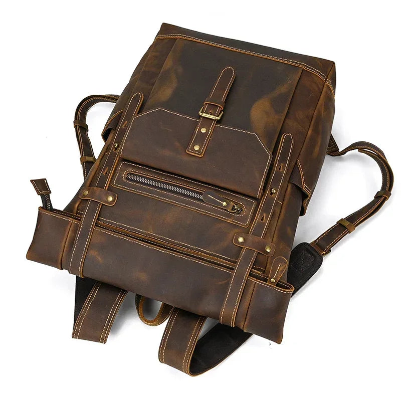 Men’s Brown Leather Backpack – Roll Top Flap Work Pack