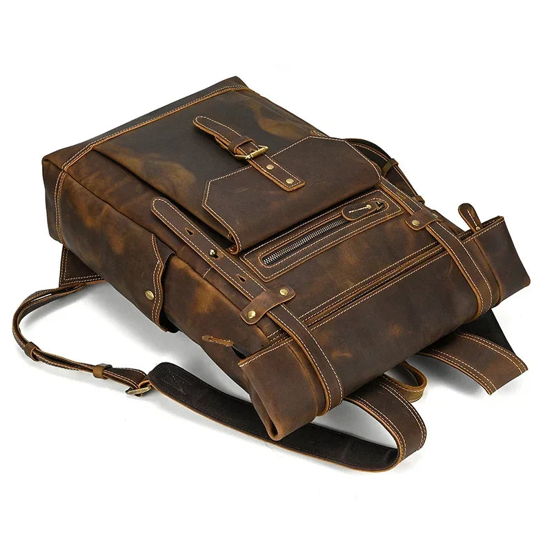 Men’s Brown Leather Backpack – Roll Top Flap Work Pack