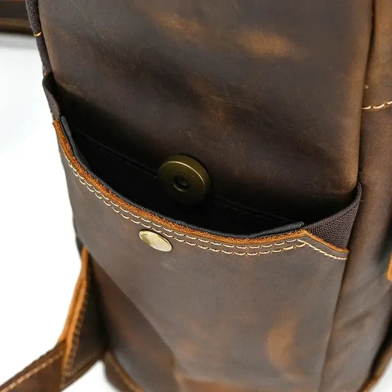 Men’s Brown Leather Backpack – Roll Top Flap Work Pack