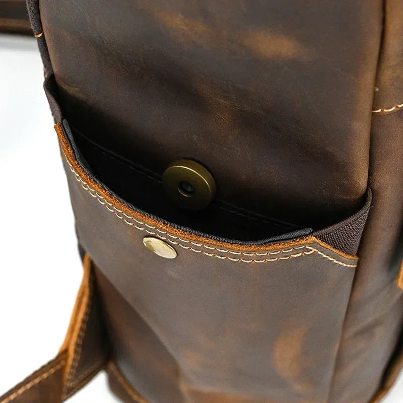 Men’s Brown Leather Backpack – Roll Top Flap Work Pack