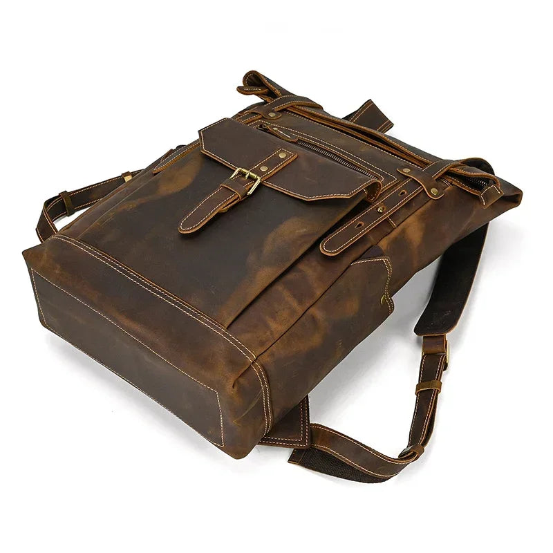 Men’s Brown Leather Backpack – Roll Top Flap Work Pack