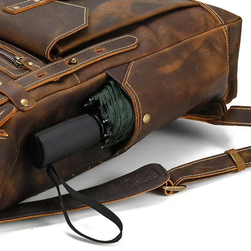 Men’s Brown Leather Backpack – Roll Top Flap Work Pack
